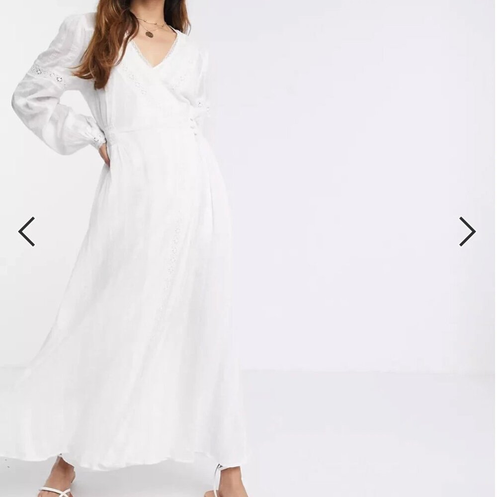 ASOS White Maxi Dress Eyelet Lace Wrap Style Long Sleeve Boho Cottagecore Sz‎ 10